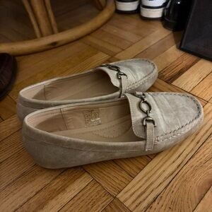 Beige Suede Loafers with Metal Accent